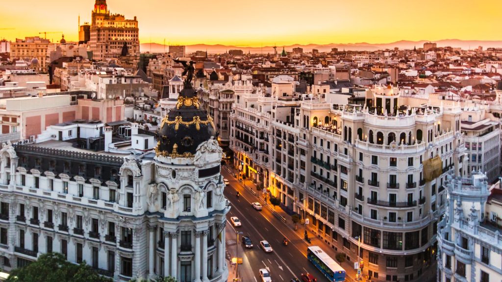 Panoramic aerial view of Gran Via, main shopping street in Madrid, capital of Spain, Europe