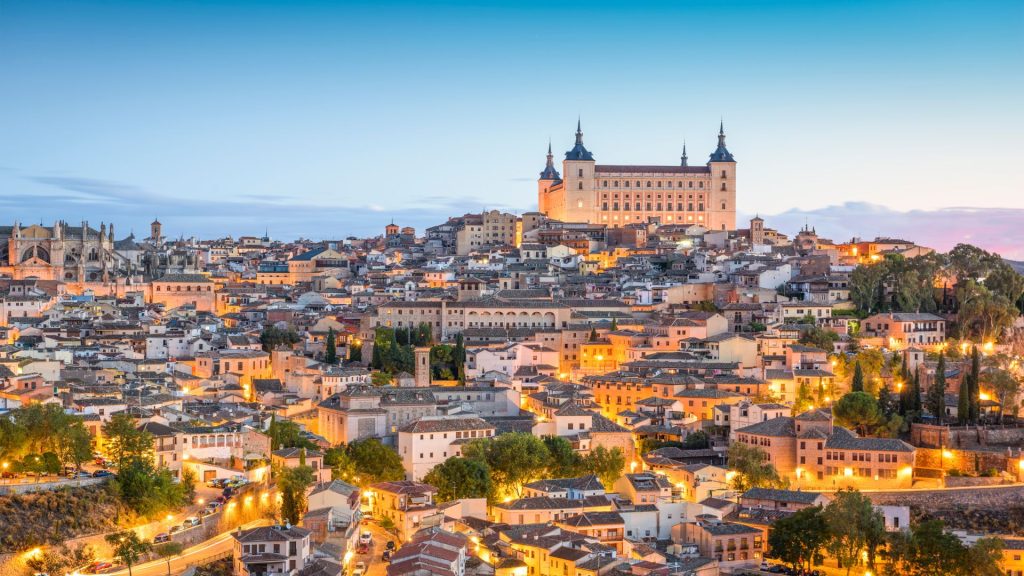 Toledo, Spain town skyline at the Alcazar at dawn