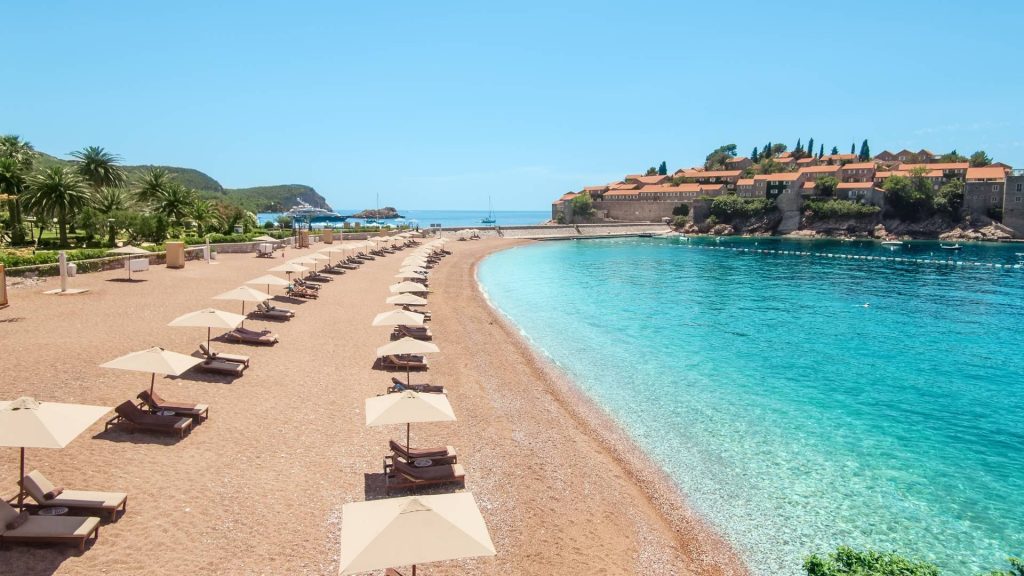 Luxury beach near the island Sveti Stefan in Montenegro