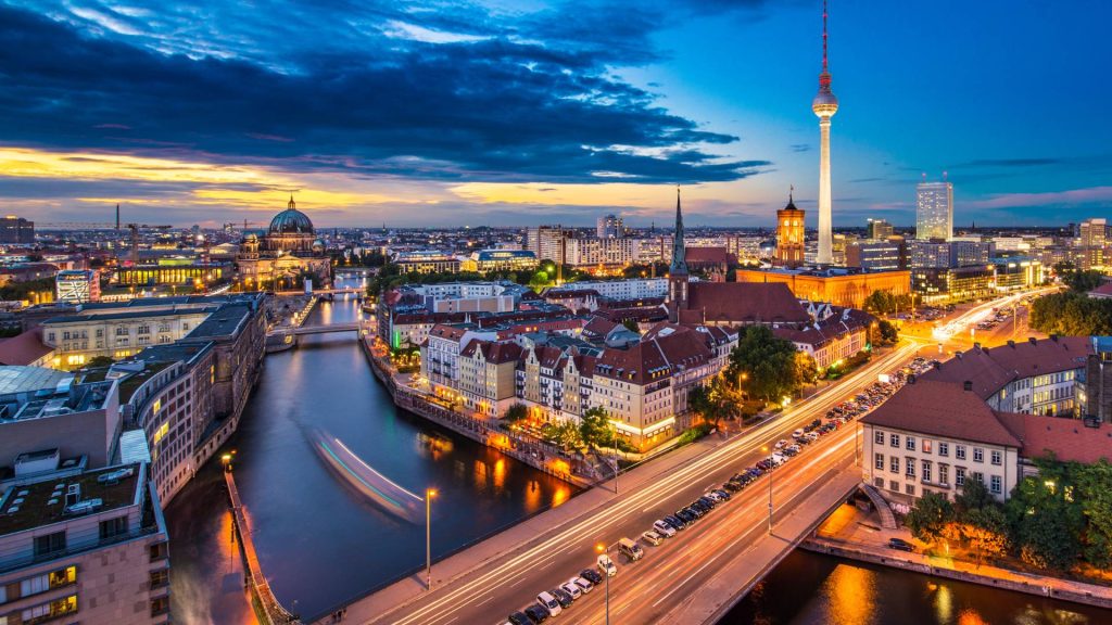 Berlin, Germany viewed from above the Spree River.