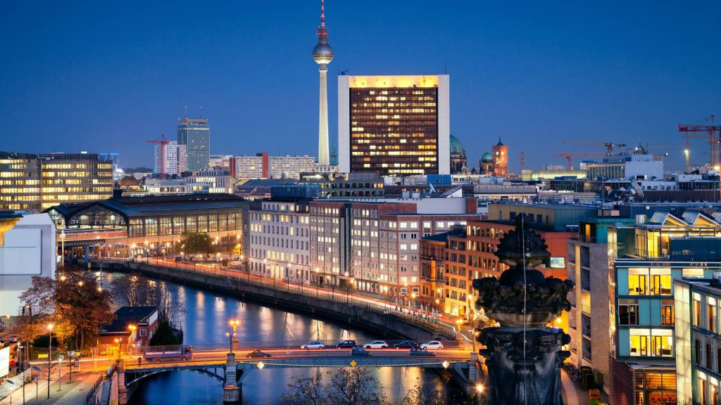 Aerial view of Berlin, capital city of Germany, during twilight blue hour