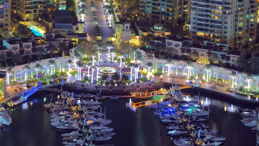 Dubai Marina yachts. Dubai Marina skyscrapers.