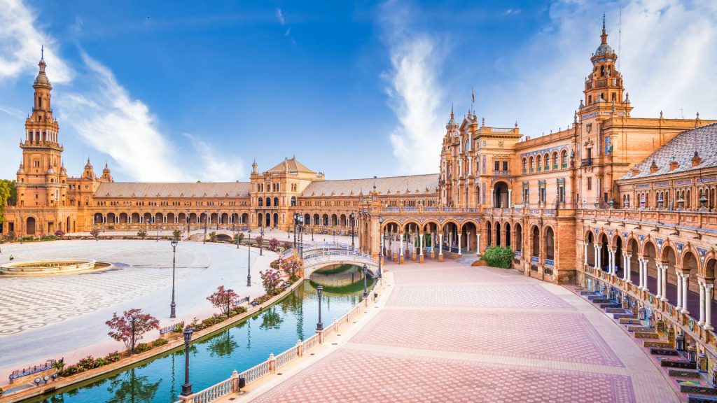 Spain, Seville. Spain Square, a landmark example of the Renaissance Revival style in Spanish architecture